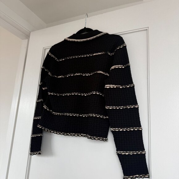 NWT Sandro Andina Cropped Cardigan Sweater Black Waffle Knit Embroidered Striped - Picture 8 of 9